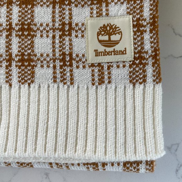 Timberland Cozy Casual Acrylic Knit Plaid Scarf Cream & Caramel Brown Sz OS NWT - Picture 6 of 11
